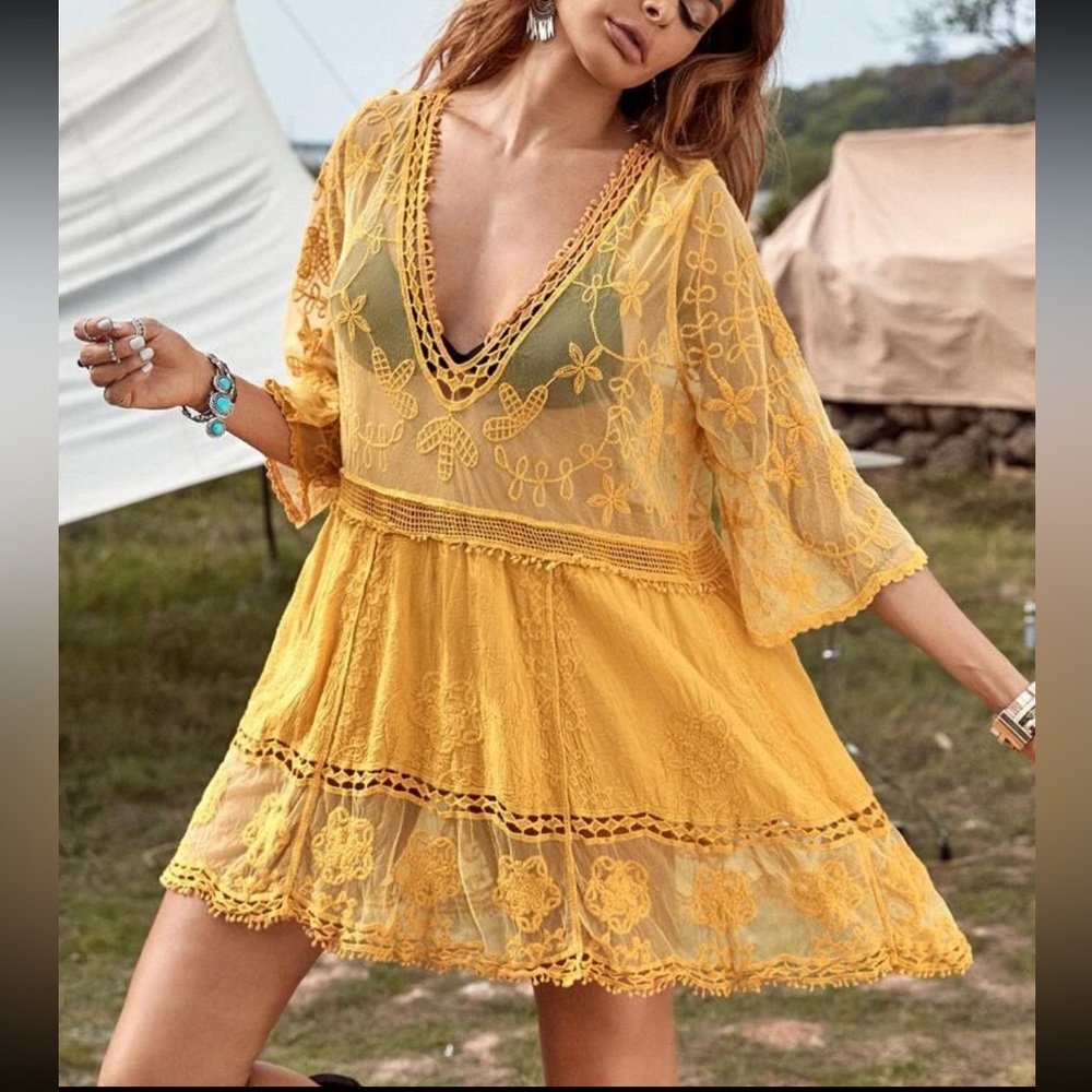 Boho Sheer Mesh Lace Deep V Neck Beach Swim Cover Up - Picture 14 of 16